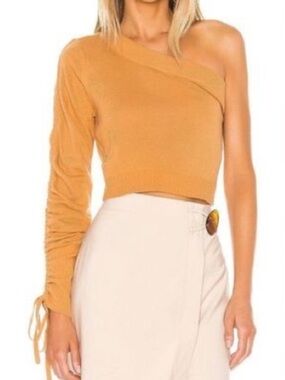 For Love and Lemons Off-the-Shoulder Cropped Sweater in Mustard